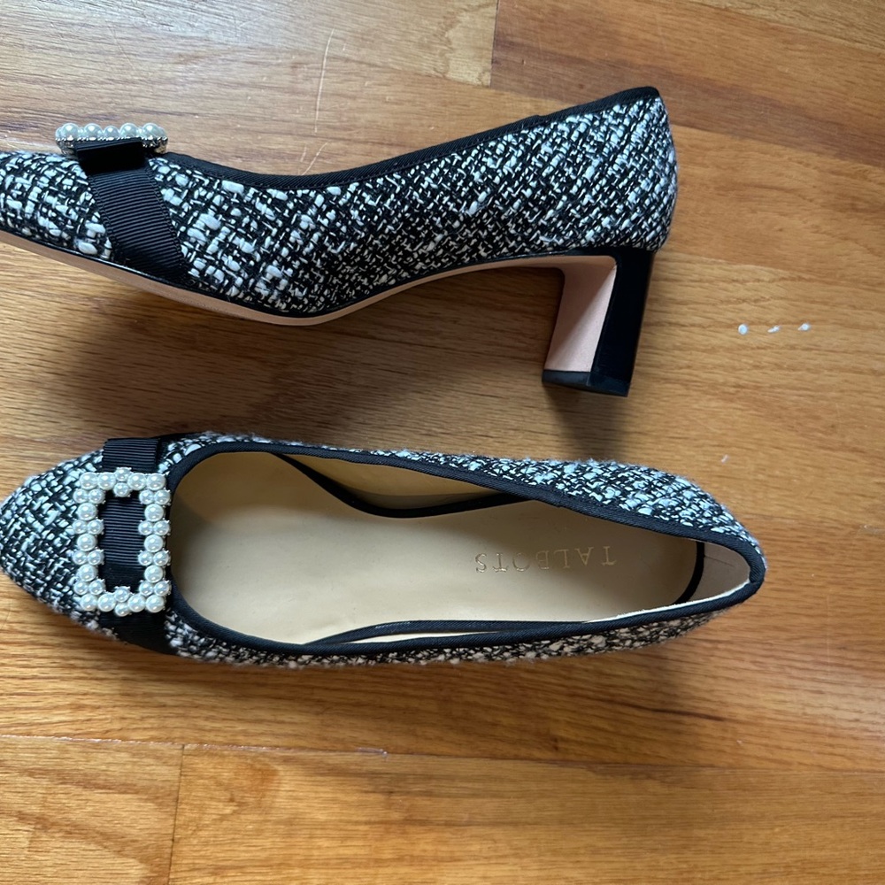Talbots Black and White Heeled Pumps with Crystal Buckle